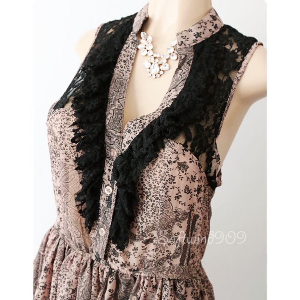 Taupe Black Lace Ruffle Button Boho Chiffon Romper - Picture 2 of 7